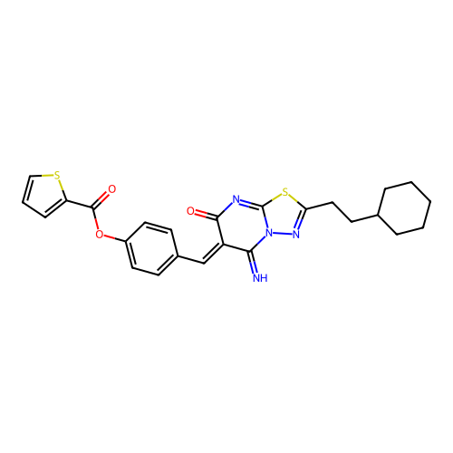 (Z)-4-((2-(2-cyclohexylethyl)-5-imino-7-oxo-5H-[1,3,4]thiadiazolo[3,2-a]pyrimidin-6(7H)-ylidene)methyl)phenyl thiophene-2-carboxylate structure