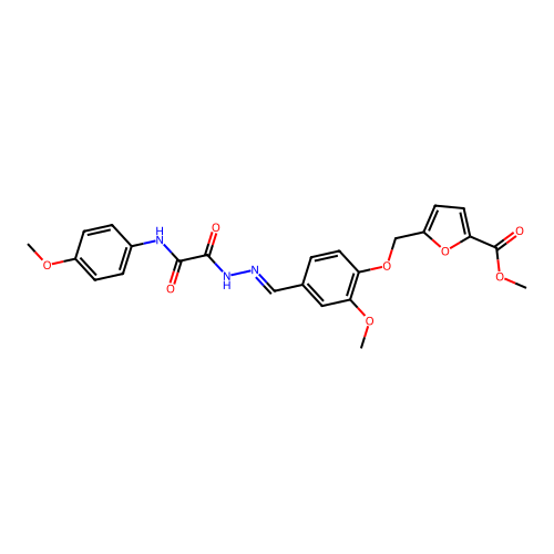 (E)-methyl 5-((2-methoxy-4-((2-(2-((4-methoxyphenyl)amino)-2-oxoacetyl)hydrazono)methyl)phenoxy)methyl)furan-2-carboxylate structure