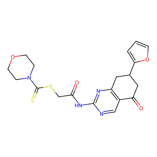 2-{[7-(furan-2-yl)-5-oxo-5,6,7,8-tetrahydroquinazolin-2-yl]amino}-2-oxoethyl morpholine-4-carbodithioate structure