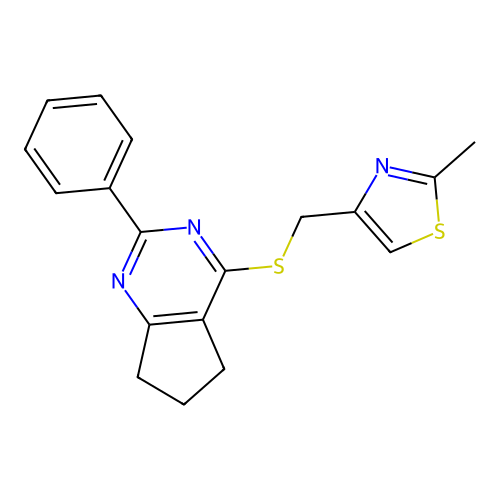 2-methyl-4-(((2-phenyl-6,7-dihydro-5H-cyclopenta[d]pyrimidin-4-yl)thio)methyl)thiazole structure