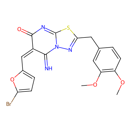 (6E)-6-[(5-bromofuran-2-yl)methylidene]-2-(3,4-dimethoxybenzyl)-5-imino-5,6-dihydro-7H-[1,3,4]thiadiazolo[3,2-a]pyrimidin-7-one structure