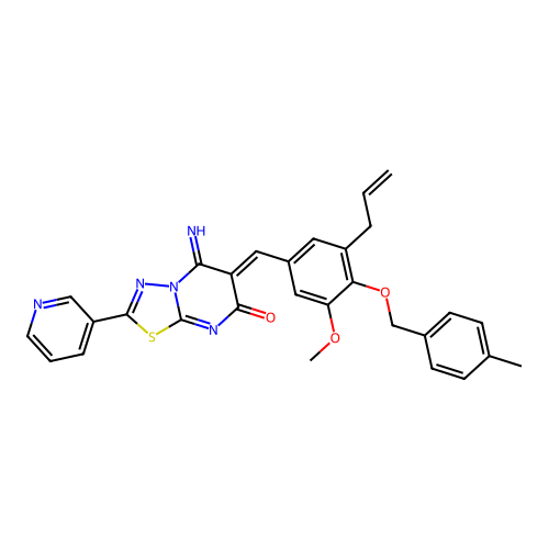 (6Z)-5-imino-6-[[3-methoxy-4-[(4-methylphenyl)methoxy]-5-prop-2-enylphenyl]methylidene]-2-pyridin-3-yl-[1,3,4]thiadiazolo[3,2-a]pyrimidin-7-one structure