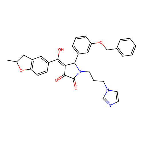 (4E)-4-[hydroxy-(2-methyl-2,3-dihydro-1-benzofuran-5-yl)methylidene]-1-(3-imidazol-1-ylpropyl)-5-(3-phenylmethoxyphenyl)pyrrolidine-2,3-dione structure