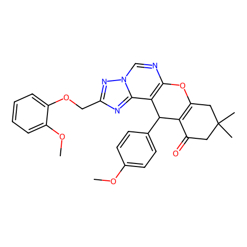 2-[(2-methoxyphenoxy)methyl]-12-(4-methoxyphenyl)-9,9-dimethyl-8,9,10,12-tetrahydro-11H-chromeno[3,2-e][1,2,4]triazolo[1,5-c]pyrimidin-11-one structure