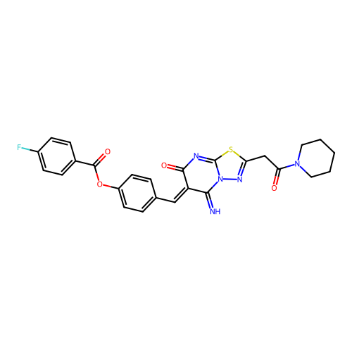 (Z)-4-((5-imino-7-oxo-2-(2-oxo-2-(piperidin-1-yl)ethyl)-5H-[1,3,4]thiadiazolo[3,2-a]pyrimidin-6(7H)-ylidene)methyl)phenyl 4-fluorobenzoate structure