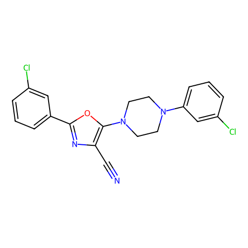 2-(3-chlorophenyl)-5-[4-(3-chlorophenyl)piperazin-1-yl]-1,3-oxazole-4-carbonitrile structure