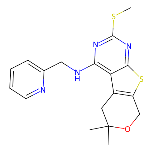6,6-dimethyl-2-(methylsulfanyl)-N-(pyridin-2-ylmethyl)-5,8-dihydro-6H-pyrano[4',3':4,5]thieno[2,3-d]pyrimidin-4-amine structure