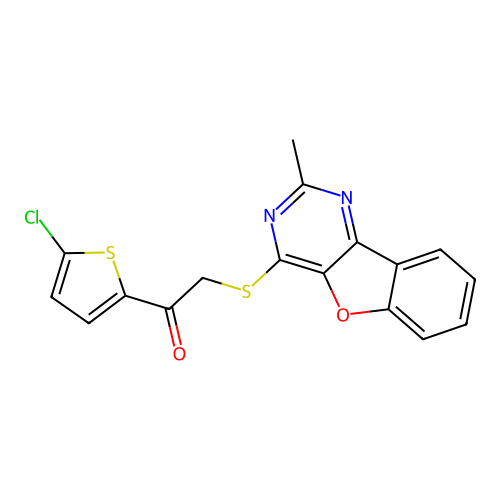 1-(5-chlorothiophen-2-yl)-2-[(2-methyl-[1]benzofuro[3,2-d]pyrimidin-4-yl)sulfanyl]ethanone structure