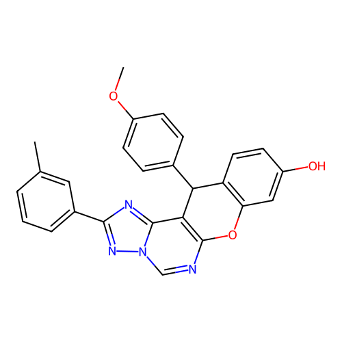 12-(4-methoxyphenyl)-2-(3-methylphenyl)-12H-chromeno[3,2-e][1,2,4]triazolo[1,5-c]pyrimidin-3-ium-9-olate structure
