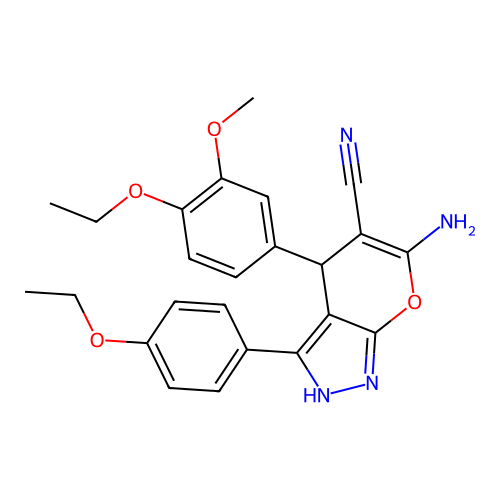 6-amino-4-(4-ethoxy-3-methoxyphenyl)-3-(4-ethoxyphenyl)-2,4-dihydropyrano[2,3-c]pyrazole-5-carbonitrile structure