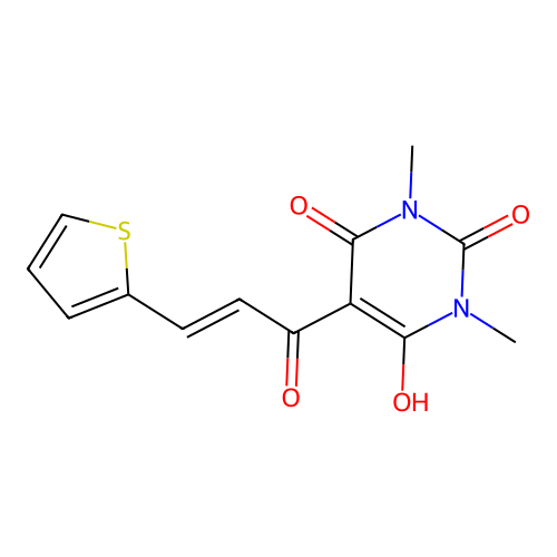 (E)-6-hydroxy-1,3-dimethyl-5-(3-(thiophen-2-yl)acryloyl)pyrimidine-2,4(1H,3H)-dione structure