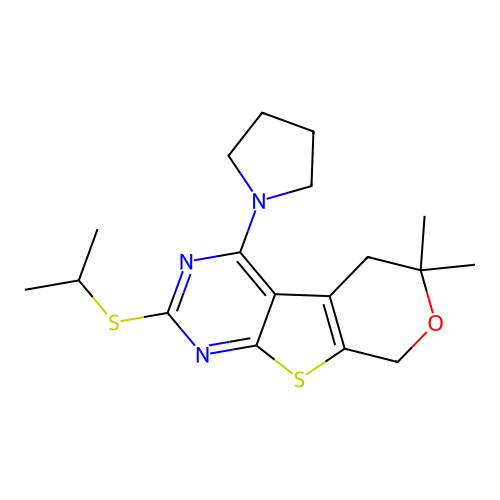 2-(isopropylthio)-6,6-dimethyl-4-(pyrrolidin-1-yl)-6,8-dihydro-5H-pyrano[4',3':4,5]thieno[2,3-d]pyrimidine structure