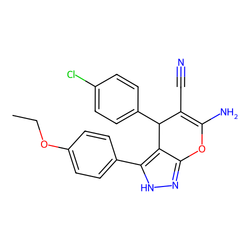 6-amino-4-(4-chlorophenyl)-3-(4-ethoxyphenyl)-1,4-dihydropyrano[2,3-c]pyrazole-5-carbonitrile structure
