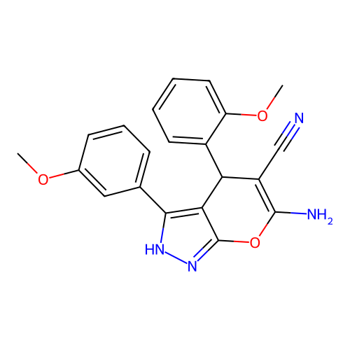6-amino-4-(2-methoxyphenyl)-3-(3-methoxyphenyl)-2,4-dihydropyrano[2,3-c]pyrazole-5-carbonitrile structure