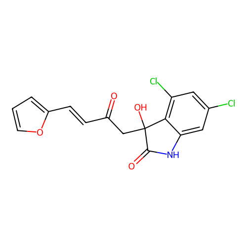 (E)-4,6-dichloro-3-(4-(furan-2-yl)-2-oxobut-3-en-1-yl)-3-hydroxyindolin-2-one structure