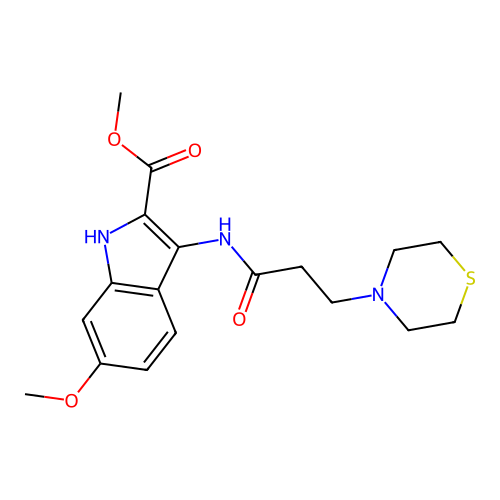 methyl 6-methoxy-3-(3-thiomorpholinopropanamido)-1H-indole-2-carboxylate structure