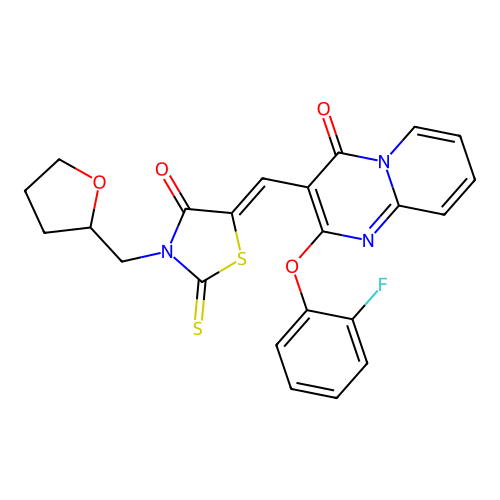 2-(2-fluorophenoxy)-3-{(Z)-[4-oxo-3-(tetrahydrofuran-2-ylmethyl)-2-thioxo-1,3-thiazolidin-5-ylidene]methyl}-4H-pyrido[1,2-a]pyrimidin-4-one structure