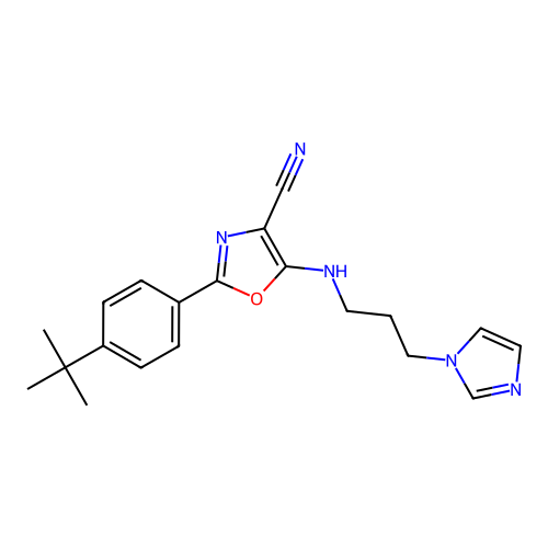 2-(4-tert-butylphenyl)-5-{[3-(1H-imidazol-1-yl)propyl]amino}-1,3-oxazole-4-carbonitrile structure