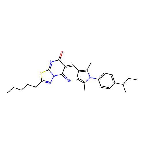 (E)-6-((1-(4-(sec-butyl)phenyl)-2,5-dimethyl-1H-pyrrol-3-yl)methylene)-5-imino-2-pentyl-5H-[1,3,4]thiadiazolo[3,2-a]pyrimidin-7(6H)-one structure