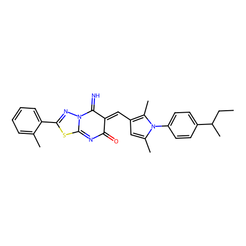 (6Z)-6-({1-[4-(butan-2-yl)phenyl]-2,5-dimethyl-1H-pyrrol-3-yl}methylidene)-5-imino-2-(2-methylphenyl)-5,6-dihydro-7H-[1,3,4]thiadiazolo[3,2-a]pyrimidin-7-one structure