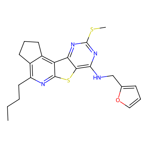 4-butyl-N-(furan-2-ylmethyl)-9-(methylsulfanyl)-2,3-dihydro-1H-cyclopenta[4',5']pyrido[3',2':4,5]thieno[3,2-d]pyrimidin-7-amine structure