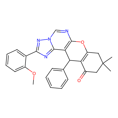 2-(2-methoxyphenyl)-9,9-dimethyl-12-phenyl-8,9,10,12-tetrahydro-11H-chromeno[3,2-e][1,2,4]triazolo[1,5-c]pyrimidin-11-one structure