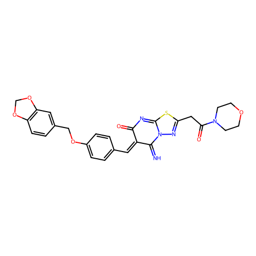 (6Z)-6-[[4-(1,3-benzodioxol-5-ylmethoxy)phenyl]methylidene]-5-imino-2-(2-morpholin-4-yl-2-oxoethyl)-[1,3,4]thiadiazolo[3,2-a]pyrimidin-7-one structure