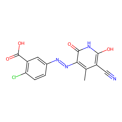 2-chloro-5-[(2Z)-2-(5-cyano-4-methyl-2,6-dioxopyridin-3-ylidene)hydrazinyl]benzoic acid structure