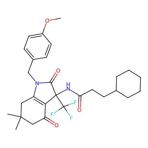 3-cyclohexyl-N-(1-(4-methoxybenzyl)-6,6-dimethyl-2,4-dioxo-3-(trifluoromethyl)-2,3,4,5,6,7-hexahydro-1H-indol-3-yl)propanamide structure