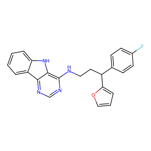 N-[3-(4-fluorophenyl)-3-(furan-2-yl)propyl]-5H-pyrimido[5,4-b]indol-4-amine structure