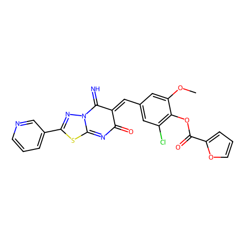 (Z)-2-chloro-4-((5-imino-7-oxo-2-(pyridin-3-yl)-5H-[1,3,4]thiadiazolo[3,2-a]pyrimidin-6(7H)-ylidene)methyl)-6-methoxyphenyl furan-2-carboxylate structure