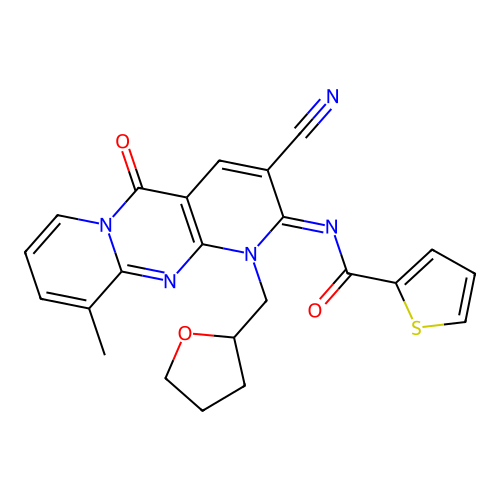 (E)-N-(3-cyano-10-methyl-5-oxo-1-((tetrahydrofuran-2-yl)methyl)-1H-dipyrido[1,2-a:2',3'-d]pyrimidin-2(5H)-ylidene)thiophene-2-carboxamide structure