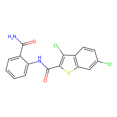 N-(2-carbamoylphenyl)-3,6-dichloro-1-benzothiophene-2-carboxamide structure