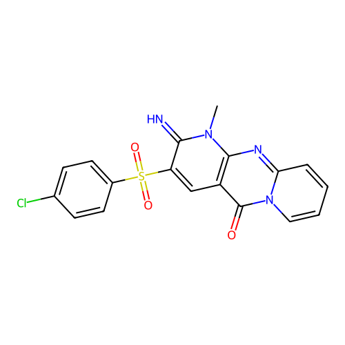 3-[(4-chlorophenyl)sulfonyl]-2-imino-1-methyl-1,6-dihydropyridino[1,2-a]pyridi no[2,3-d]pyrimidin-5-one structure