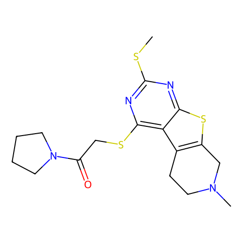2-((7-methyl-2-(methylthio)-5,6,7,8-tetrahydropyrido[4',3':4,5]thieno[2,3-d]pyrimidin-4-yl)thio)-1-(pyrrolidin-1-yl)ethanone structure