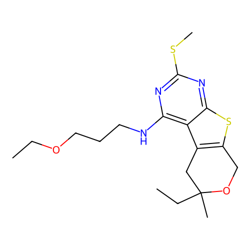 N-(3-ethoxypropyl)-6-ethyl-6-methyl-2-(methylsulfanyl)-5,8-dihydro-6H-pyrano[4',3':4,5]thieno[2,3-d]pyrimidin-4-amine structure