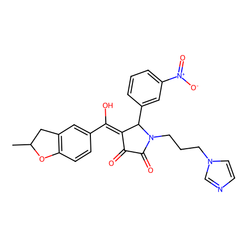 (4E)-4-[hydroxy-(2-methyl-2,3-dihydro-1-benzofuran-5-yl)methylidene]-1-(3-imidazol-1-ylpropyl)-5-(3-nitrophenyl)pyrrolidine-2,3-dione structure