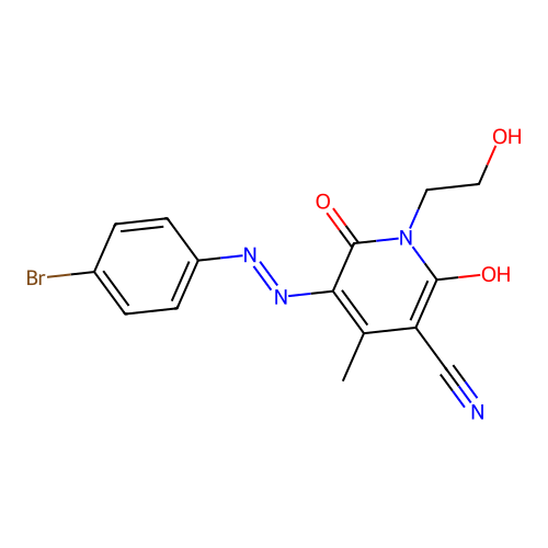(5E)-5-[(4-bromophenyl)hydrazinylidene]-1-(2-hydroxyethyl)-4-methyl-2,6-dioxopyridine-3-carbonitrile structure