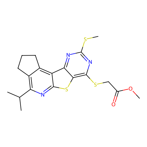 methyl {[9-(methylsulfanyl)-4-(propan-2-yl)-2,3-dihydro-1H-cyclopenta[4',5']pyrido[3',2':4,5]thieno[3,2-d]pyrimidin-7-yl]sulfanyl}acetate structure