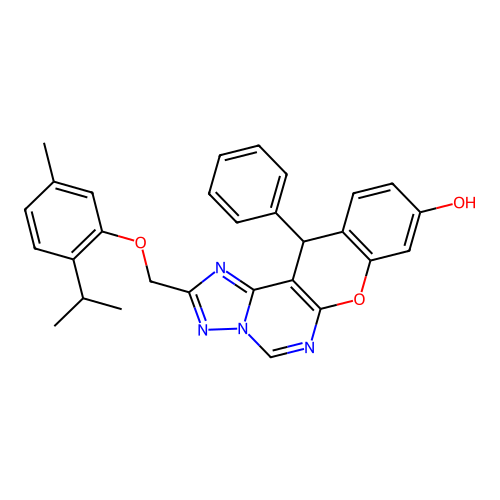 2-{[5-methyl-2-(propan-2-yl)phenoxy]methyl}-12-phenyl-12H-chromeno[3,2-e][1,2,4]triazolo[1,5-c]pyrimidin-9-ol structure
