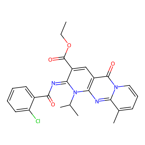 (Z)-ethyl 2-((2-chlorobenzoyl)imino)-1-isopropyl-10-methyl-5-oxo-2,5-dihydro-1H-dipyrido[1,2-a:2',3'-d]pyrimidine-3-carboxylate structure