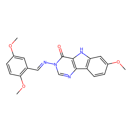 (E)-3-((2,5-dimethoxybenzylidene)amino)-7-methoxy-3H-pyrimido[5,4-b]indol-4(5H)-one structure