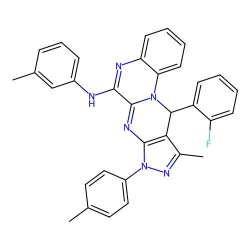 11-(2-fluorophenyl)-10-methyl-N-(3-methylphenyl)-8-(4-methylphenyl)-8,11-dihydropyrazolo[3',4':4,5]pyrimido[1,2-a]quinoxalin-6-amine structure