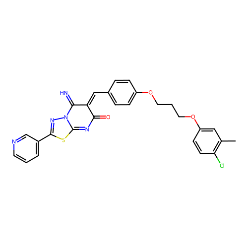 (6Z)-6-[[4-[3-(4-chloro-3-methylphenoxy)propoxy]phenyl]methylidene]-5-imino-2-pyridin-3-yl-[1,3,4]thiadiazolo[3,2-a]pyrimidin-7-one structure