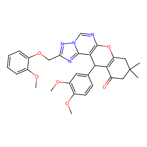 12-(3,4-dimethoxyphenyl)-2-((2-methoxyphenoxy)methyl)-9,9-dimethyl-9,10-dihydro-8H-chromeno[3,2-e][1,2,4]triazolo[1,5-c]pyrimidin-11(12H)-one structure
