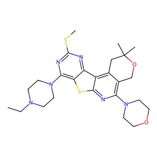 8-(4-ethylpiperazin-1-yl)-2,2-dimethyl-10-(methylsulfanyl)-5-(morpholin-4-yl)-1,4-dihydro-2H-pyrano[4'',3'':4',5']pyrido[3',2':4,5]thieno[3,2-d]pyrimidine structure
