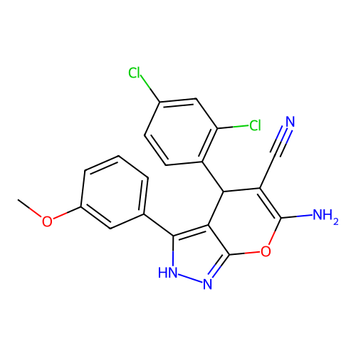 6-amino-4-(2,4-dichlorophenyl)-3-(3-methoxyphenyl)-2,4-dihydropyrano[2,3-c]pyrazole-5-carbonitrile structure
