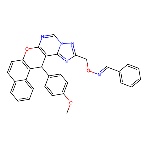 (E)-N-{[14-(4-methoxyphenyl)-14H-benzo[5,6]chromeno[3,2-e][1,2,4]triazolo[1,5-c]pyrimidin-2-yl]methoxy}-1-phenylmethanimine structure
