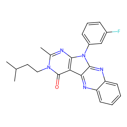 11-(3-fluorophenyl)-2-methyl-3-(3-methylbutyl)-3,11-dihydro-4H-pyrimido[5',4':4,5]pyrrolo[2,3-b]quinoxalin-4-one structure