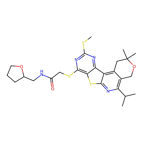2-((5-isopropyl-2,2-dimethyl-10-(methylthio)-2,4-dihydro-1H-pyrano[4'',3'':4',5']pyrido[3',2':4,5]thieno[3,2-d]pyrimidin-8-yl)thio)-N-((tetrahydrofuran-2-yl)methyl)acetamide structure